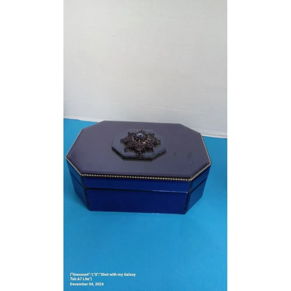 Elegant Octagonal Jewelry Box with‎ Ornate Embellishment - Royal Blue and Black